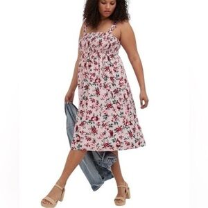 TORRID 4X Midi Challis Smocked Tiered Floral 0225 Pink Dress rose lined ruffle